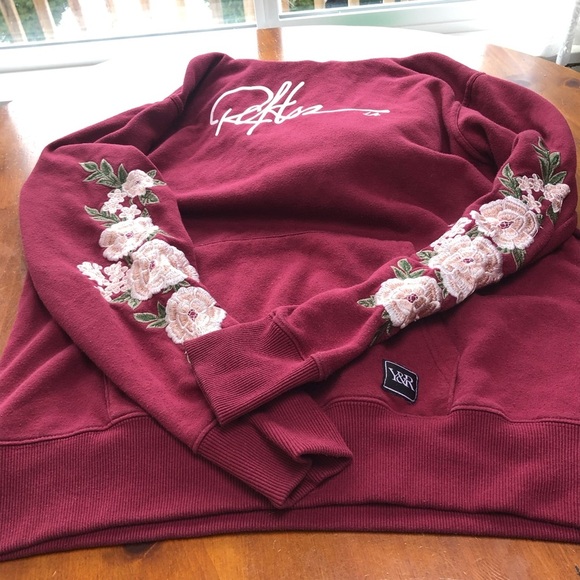 Y&R Reckless burgundy hoodie  with Floral embellishments on hood and sleeves - Picture 1 of 8